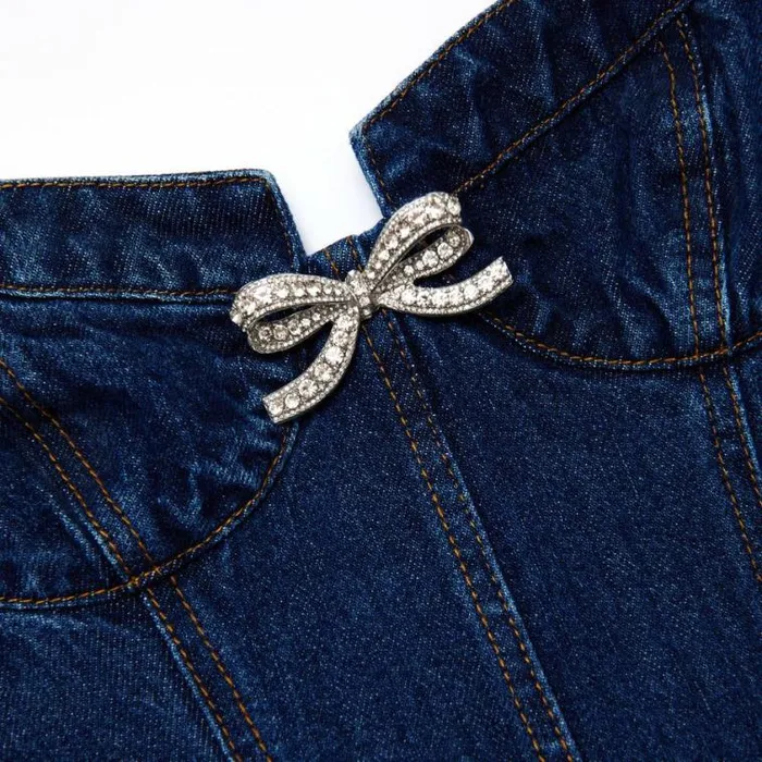 Self Portrait Denim Denim Diamante Bow Sweetheart Mini Dress 8211 Women