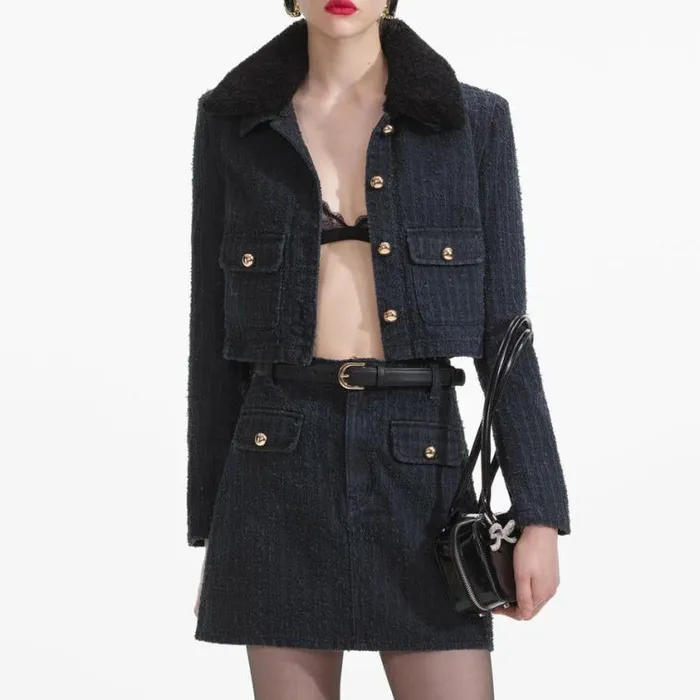 Self Portrait Denim Grey Textured Denim Jacket 8211 Women