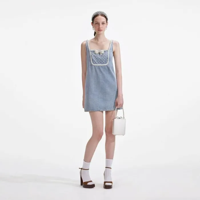 Self Portrait Denim Light Blue Denim Bow Mini Dress 8211 Women