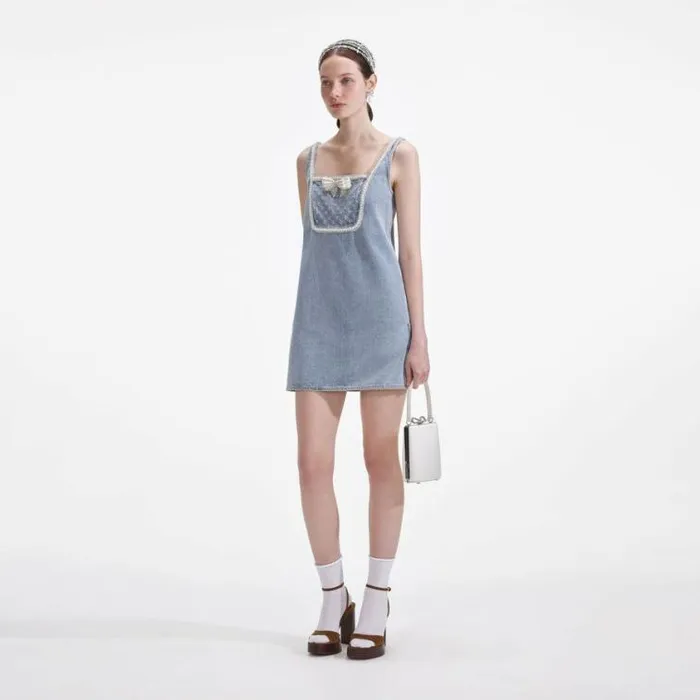 Self Portrait Denim Light Blue Denim Bow Mini Dress 8211 Women