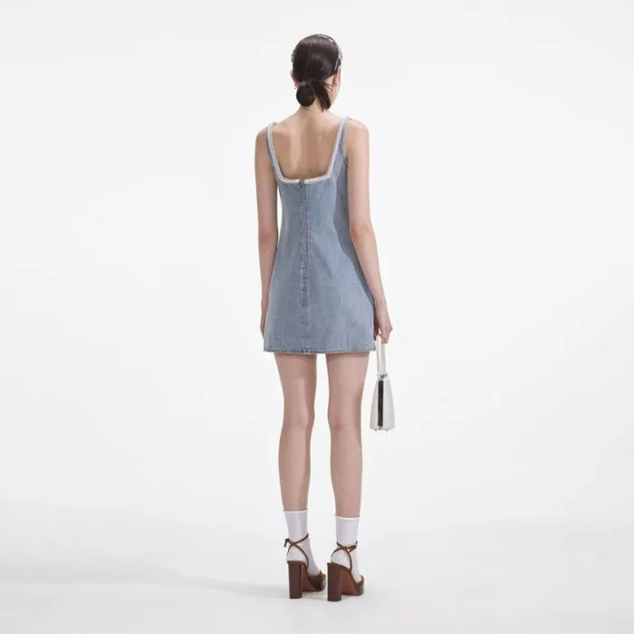 Self Portrait Denim Light Blue Denim Bow Mini Dress 8211 Women