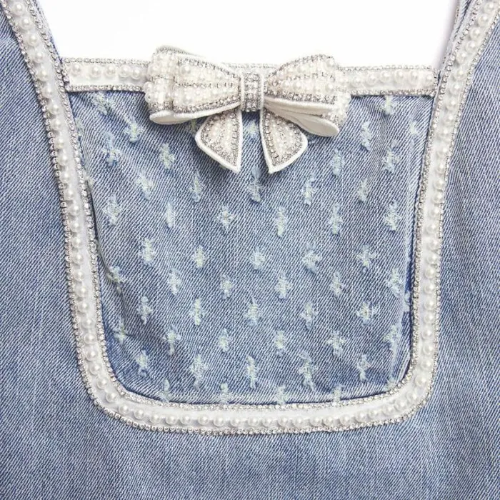 Self Portrait Denim Light Blue Denim Bow Mini Dress 8211 Women