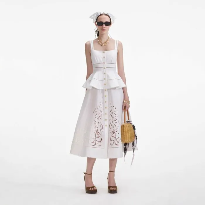 Self Portrait Dresses Cream Linen Peplum Midi Dress 8211 Women