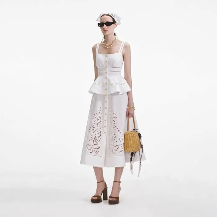 Self Portrait Dresses Cream Linen Peplum Midi Dress 8211 Women