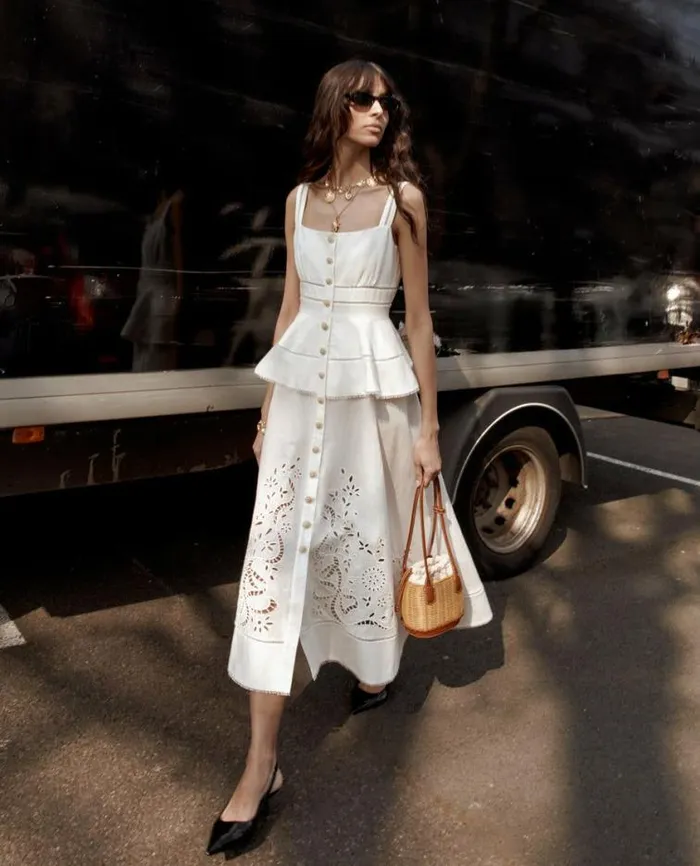 Self Portrait Dresses Cream Linen Peplum Midi Dress 8211 Women