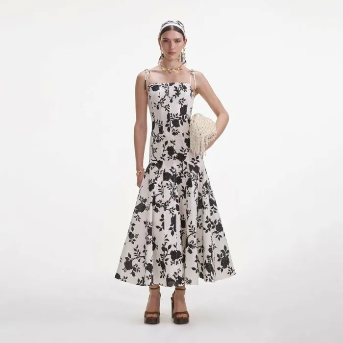 Self Portrait Dresses Floral Print Linen Midi Dress 8211 Women