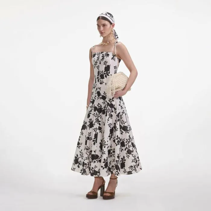 Self Portrait Dresses Floral Print Linen Midi Dress 8211 Women