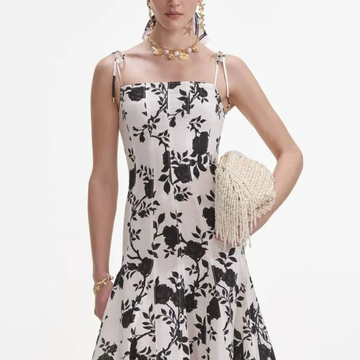 Self Portrait Dresses Floral Print Linen Midi Dress 8211 Women
