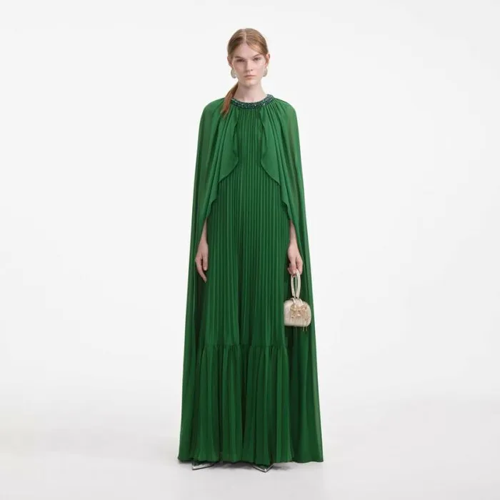 Self Portrait Dresses Green Chiffon Cape Maxi Dress 8211 Women