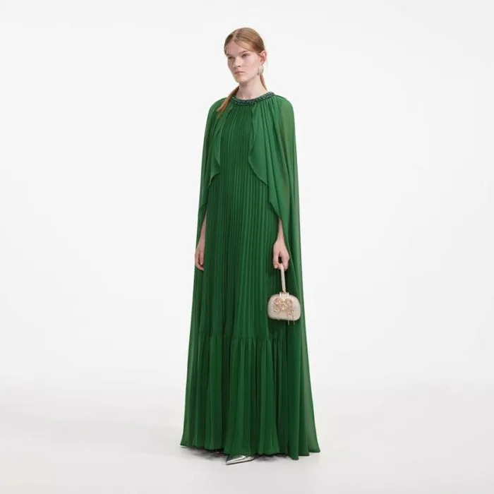 Self Portrait Dresses Green Chiffon Cape Maxi Dress 8211 Women