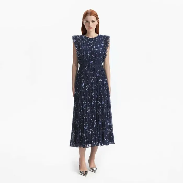 Self Portrait Dresses Navy Floral Chiffon Midi Dress 8211 Women