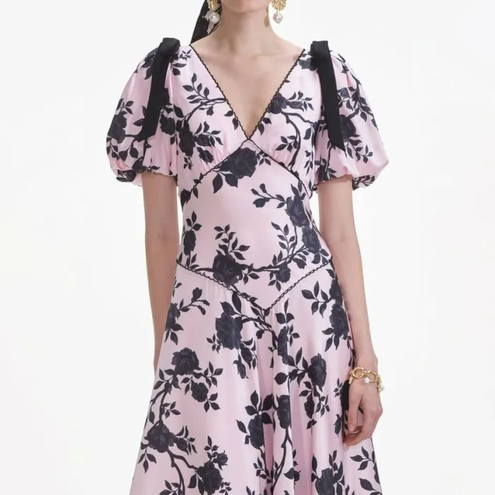 Self Portrait Dresses Pink Satin Floral Midi Dress 8211 Women