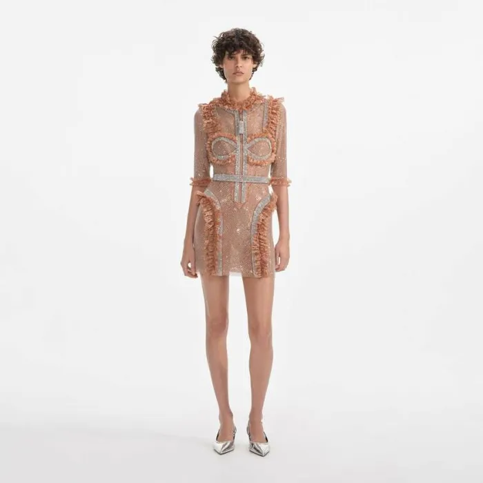 Self Portrait Dresses Tan Rhinestone Mesh Ruffle Mini Dress 8211 Women