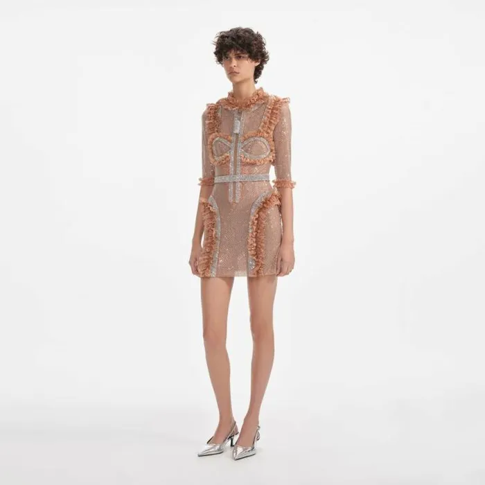 Self Portrait Dresses Tan Rhinestone Mesh Ruffle Mini Dress 8211 Women