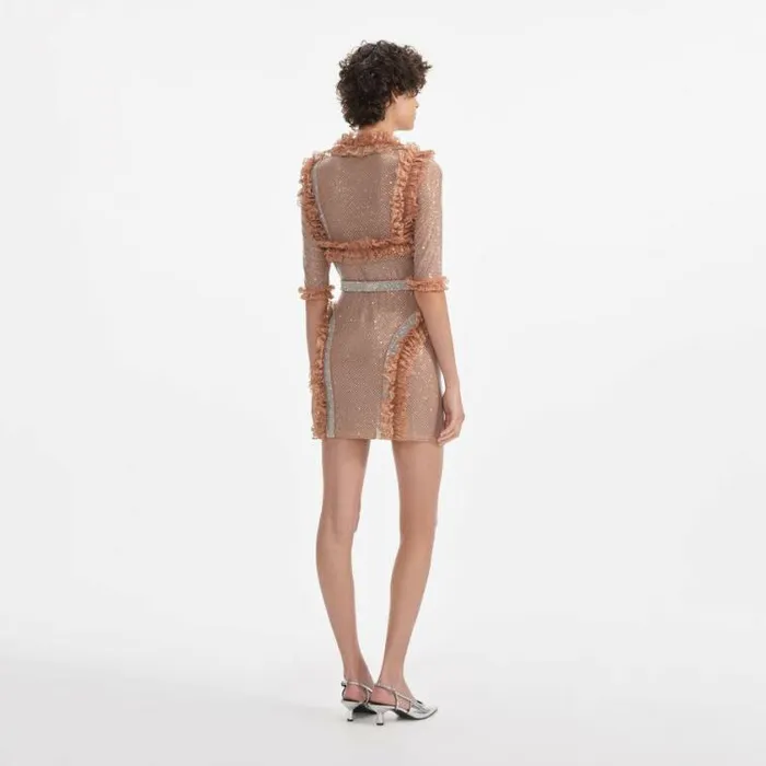 Self Portrait Dresses Tan Rhinestone Mesh Ruffle Mini Dress 8211 Women