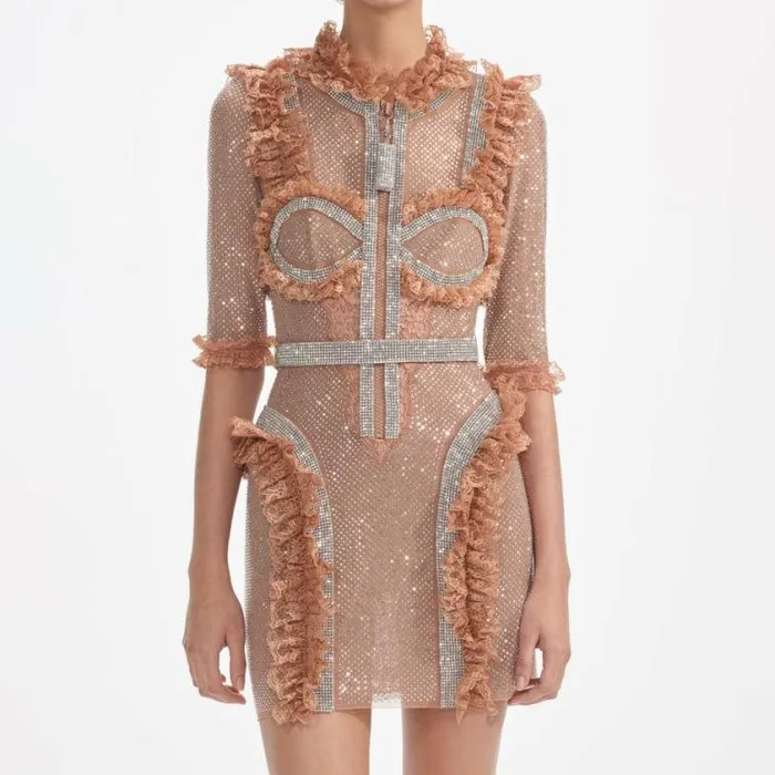 Self Portrait Dresses Tan Rhinestone Mesh Ruffle Mini Dress 8211 Women