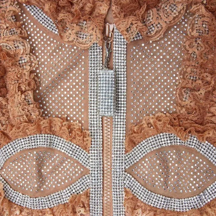 Self Portrait Dresses Tan Rhinestone Mesh Ruffle Mini Dress 8211 Women