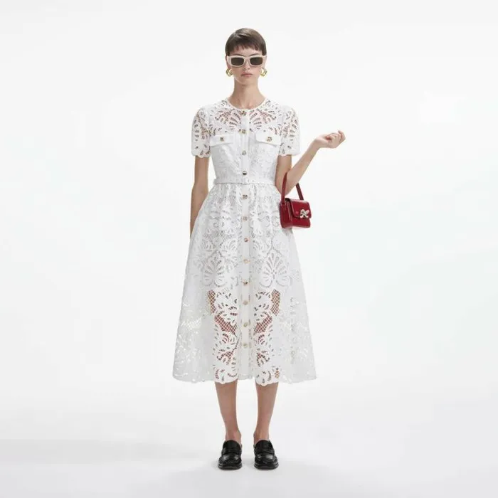 Self Portrait Dresses White Cotton Lace Button Midi Dress 8211 Women