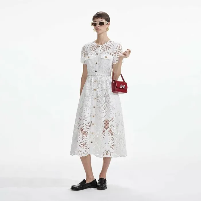 Self Portrait Dresses White Cotton Lace Button Midi Dress 8211 Women