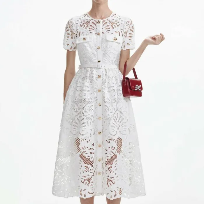 Self Portrait Dresses White Cotton Lace Button Midi Dress 8211 Women