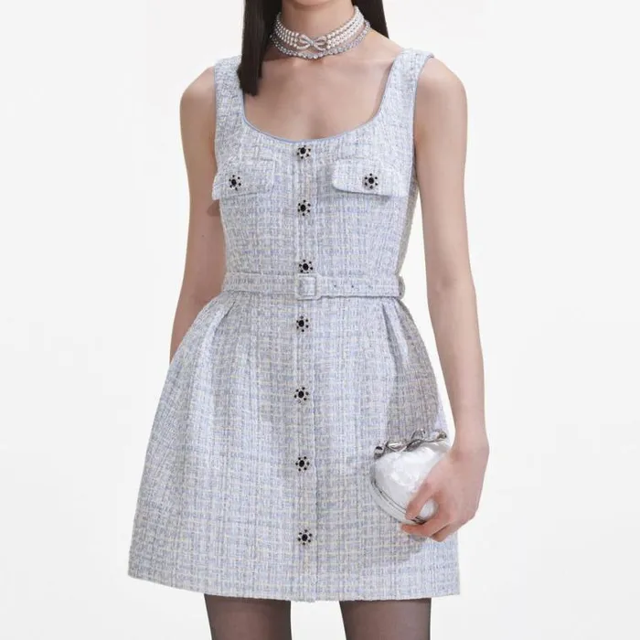 Self Portrait Exclusives Blue Boucle Sleeveless Mini Dress 8211 Women