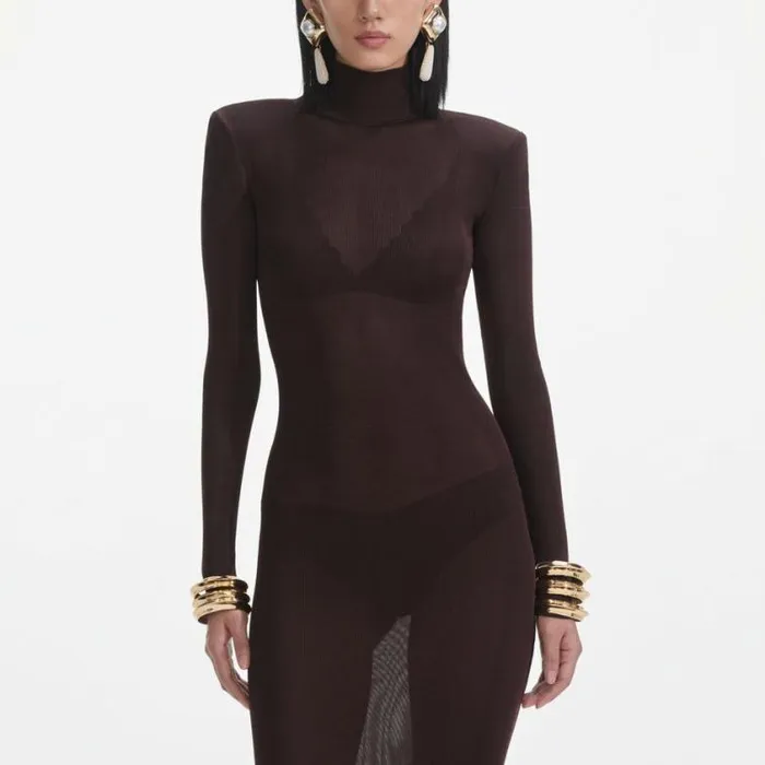 Self Portrait Exclusives Brown Viscose Knit Maxi Dress 8211 Women