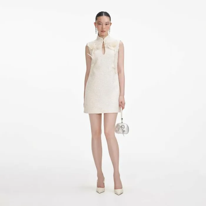 Self Portrait Exclusives Cream Boucle Flower Motif Mini Dress 8211 Women