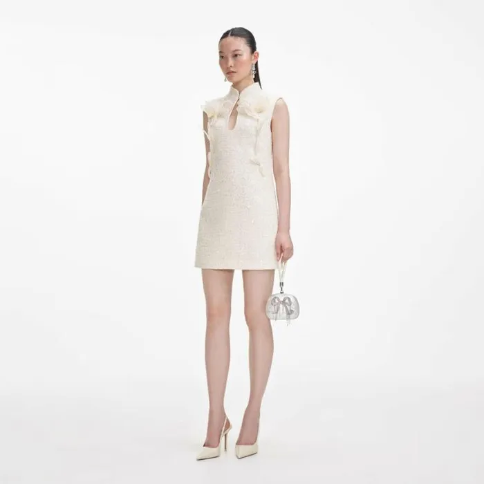 Self Portrait Exclusives Cream Boucle Flower Motif Mini Dress 8211 Women