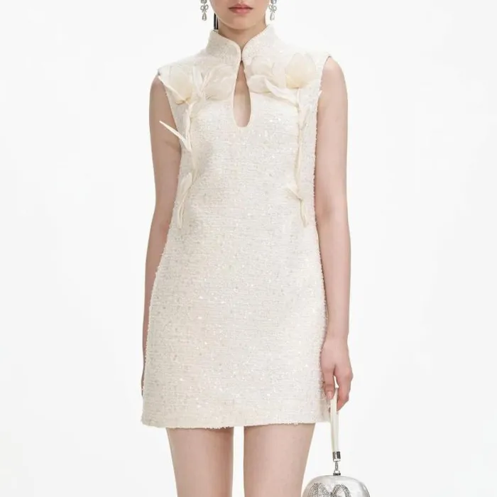 Self Portrait Exclusives Cream Boucle Flower Motif Mini Dress 8211 Women