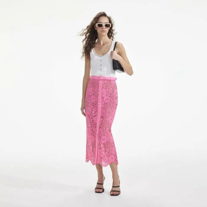 Self Portrait Exclusives Pink Lace Midi Skirt 8211 Women