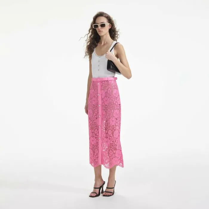 Self Portrait Exclusives Pink Lace Midi Skirt 8211 Women