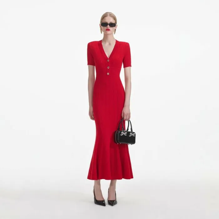 Self Portrait Exclusives Red Pointelle Knit Midi Dress 8211 Women
