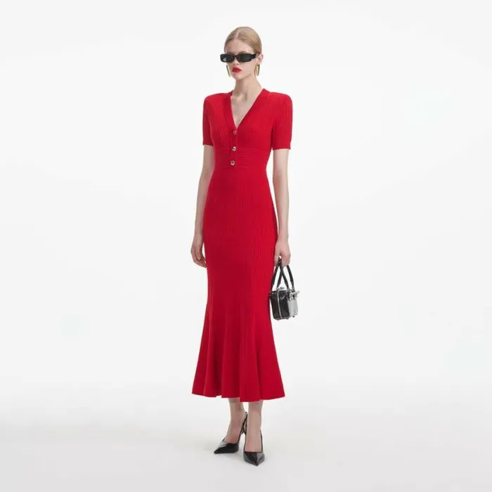 Self Portrait Exclusives Red Pointelle Knit Midi Dress 8211 Women