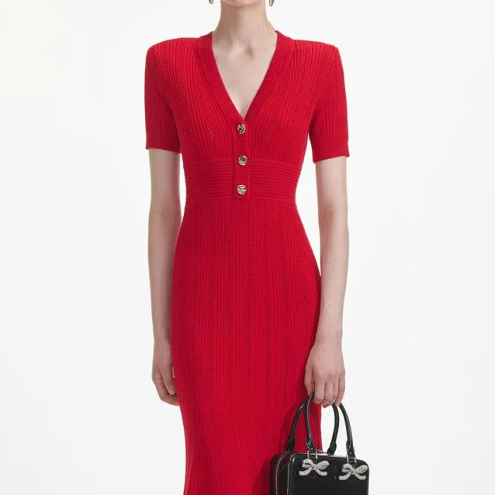 Self Portrait Exclusives Red Pointelle Knit Midi Dress 8211 Women