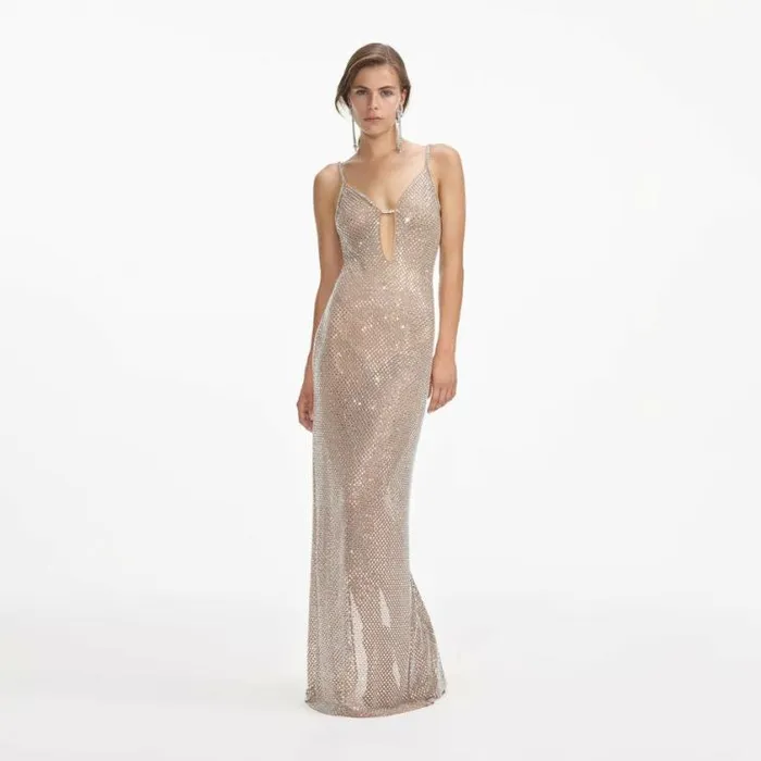 Self Portrait Exclusives Silver Rhinestone Fishnet Maxi Dress 8211 Women