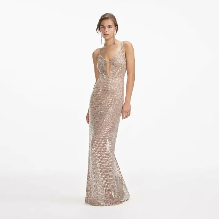 Self Portrait Exclusives Silver Rhinestone Fishnet Maxi Dress 8211 Women