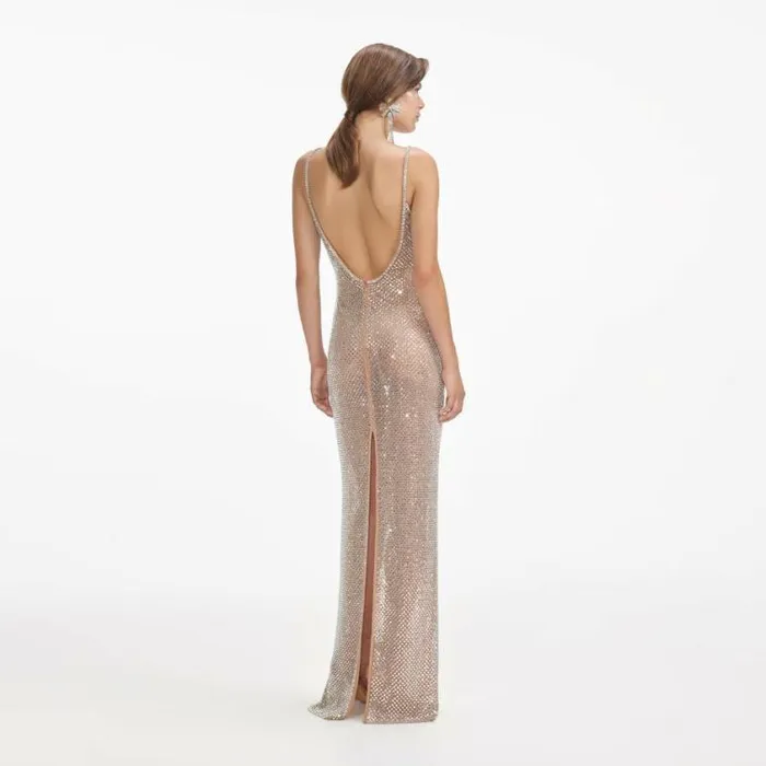 Self Portrait Exclusives Silver Rhinestone Fishnet Maxi Dress 8211 Women