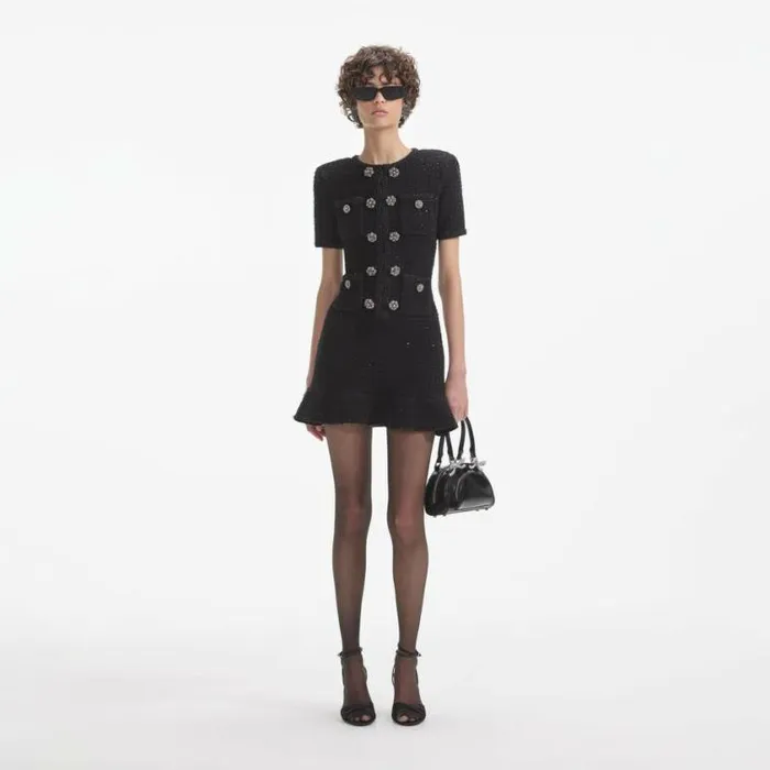 Self Portrait Icons Black Knit Buttoned Mini Dress 8211 Women