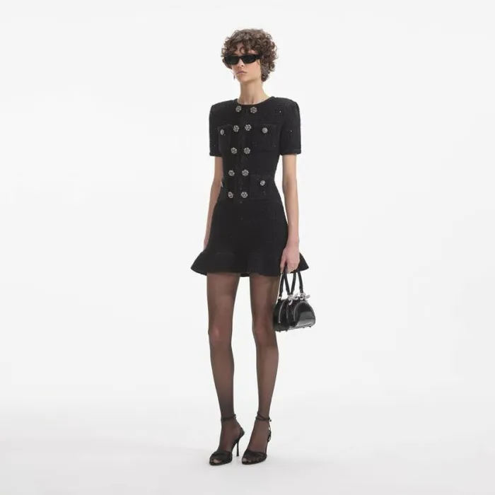 Self Portrait Icons Black Knit Buttoned Mini Dress 8211 Women