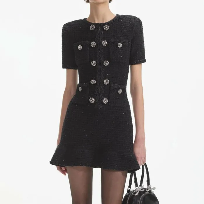 Self Portrait Icons Black Knit Buttoned Mini Dress 8211 Women