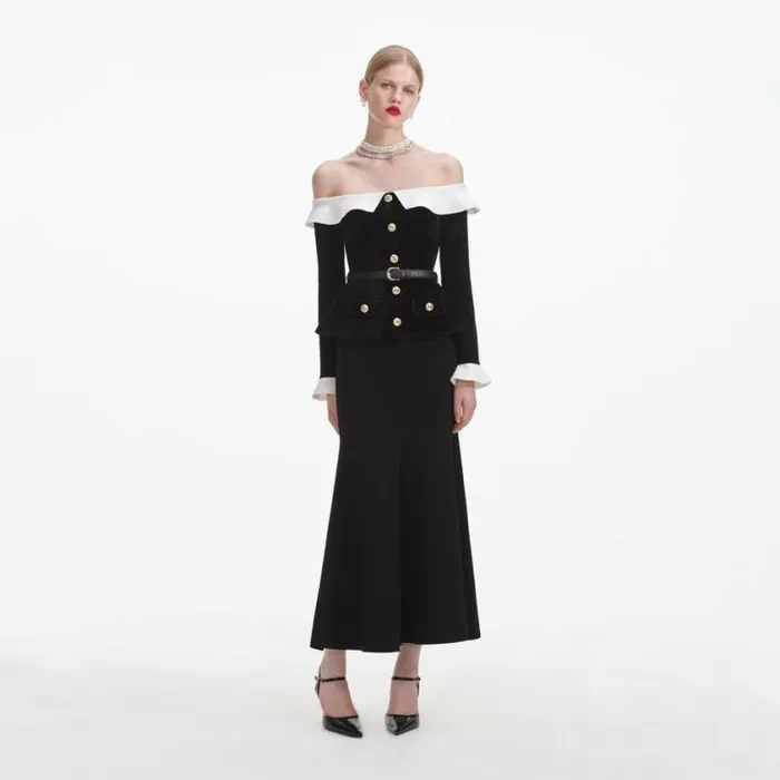 Self Portrait Knitwear Black Chenille Knit Off Shoulder Midi Dress 8211 Women