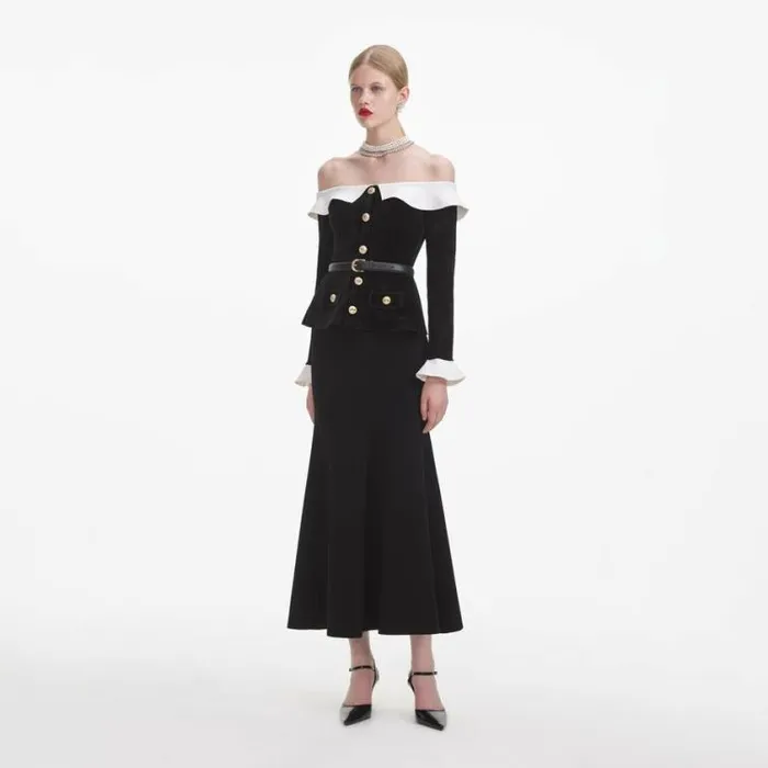 Self Portrait Knitwear Black Chenille Knit Off Shoulder Midi Dress 8211 Women