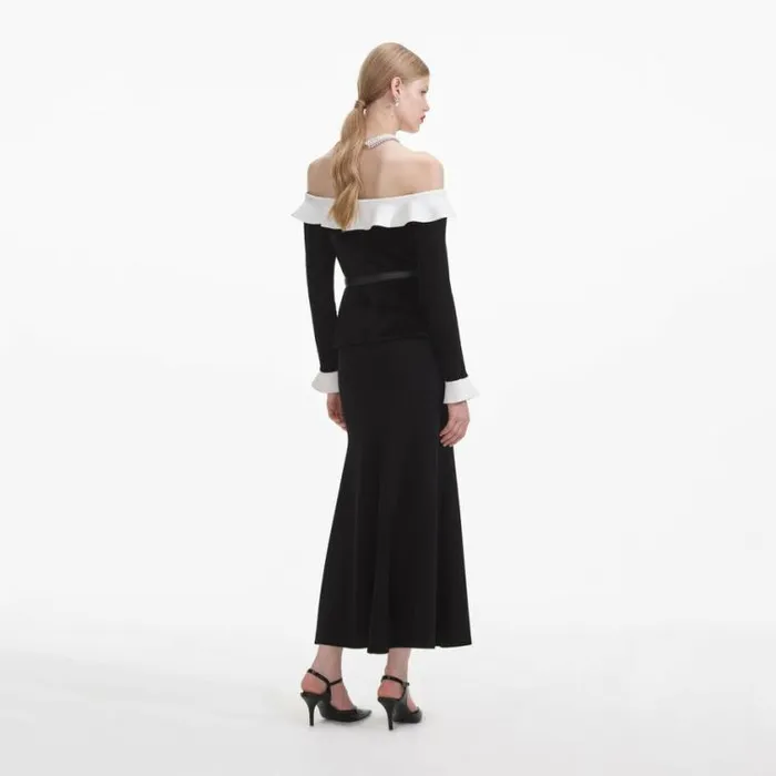 Self Portrait Knitwear Black Chenille Knit Off Shoulder Midi Dress 8211 Women