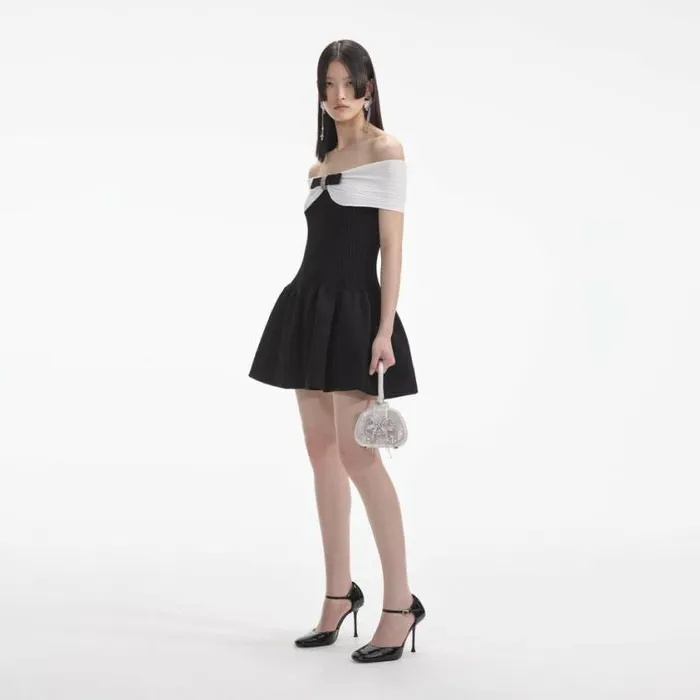 Self Portrait Knitwear Black Knit Bow Mini Dress 8211 Women