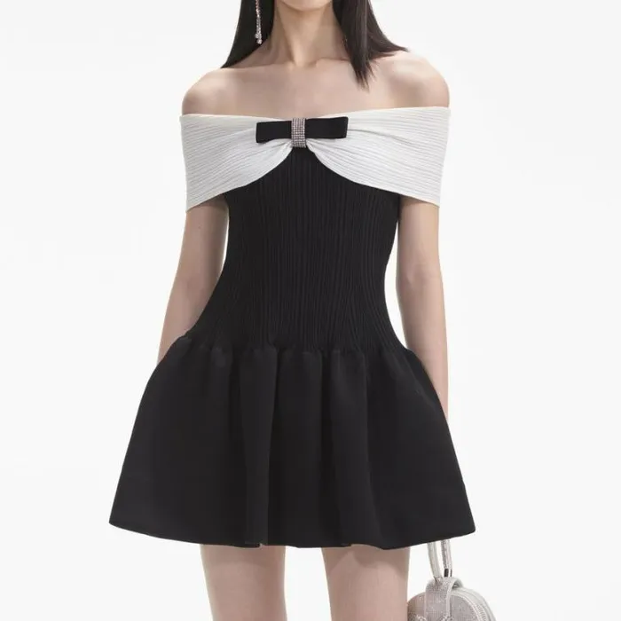 Self Portrait Knitwear Black Knit Bow Mini Dress 8211 Women