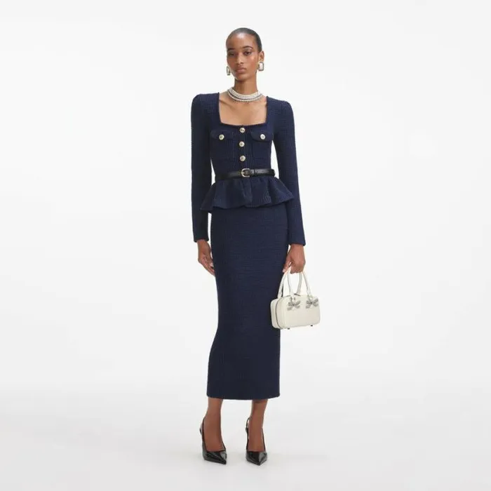Self Portrait Knitwear Navy Knit Peplum Midi Dress 8211 Women