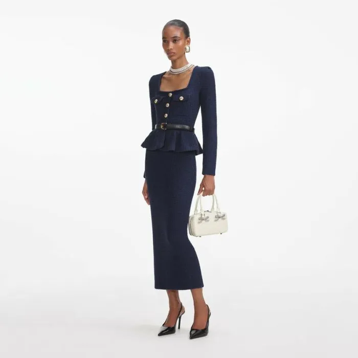 Self Portrait Knitwear Navy Knit Peplum Midi Dress 8211 Women