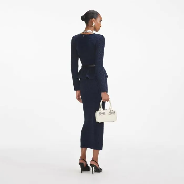 Self Portrait Knitwear Navy Knit Peplum Midi Dress 8211 Women