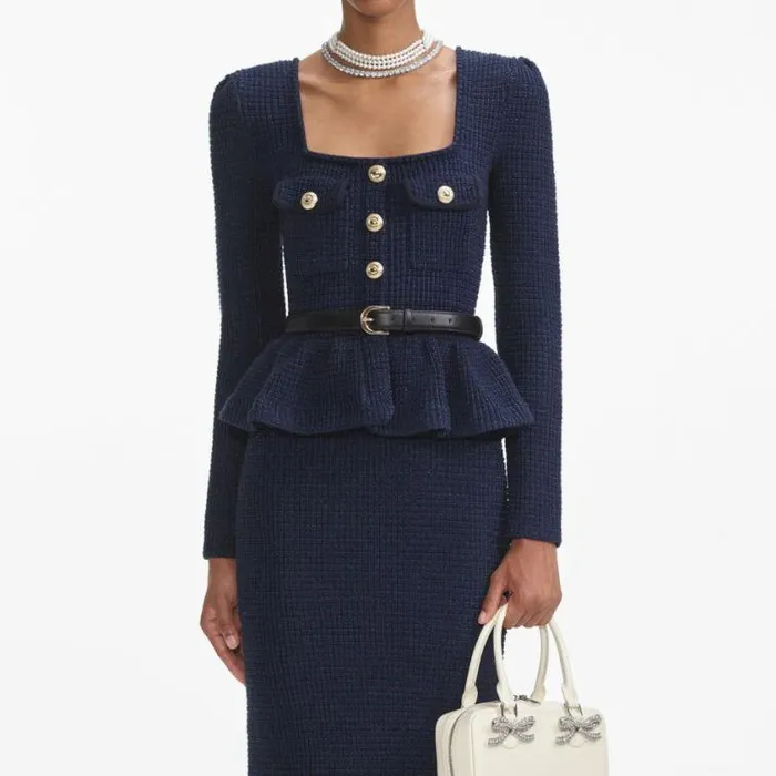 Self Portrait Knitwear Navy Knit Peplum Midi Dress 8211 Women