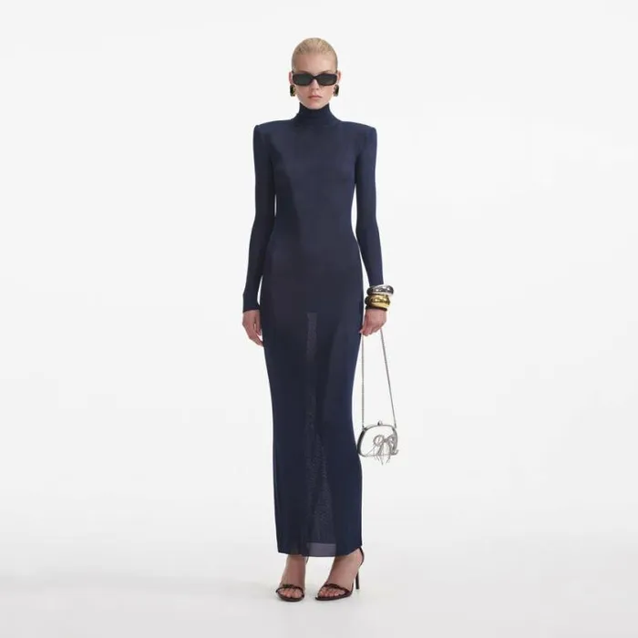 Self Portrait Knitwear Navy Viscose Knit Maxi Dress 8211 Women